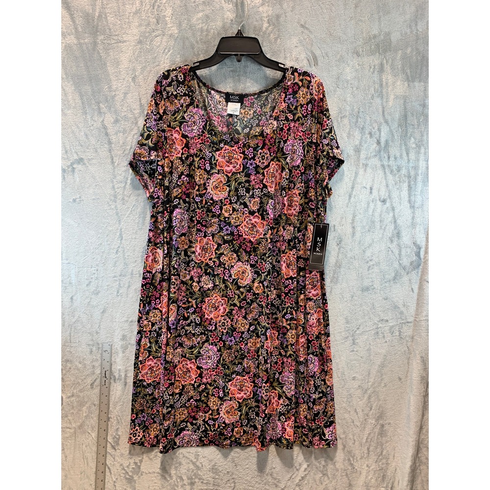 MSK Women Black Floral Jersey Short Sleeve Scoop Neck Dress 2X 2817491D